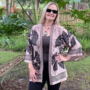 Vintage leaf motif taupe and brown cardigan kimono